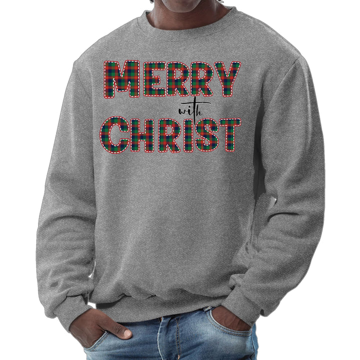 Mens Graphic Sweatshirt Merry with Christ Red and Green Plaid - Mens