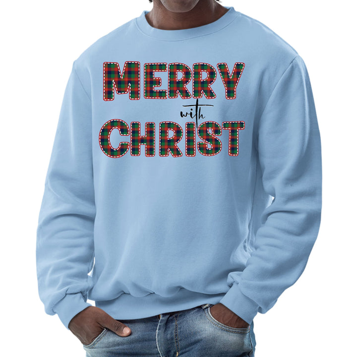 Mens Graphic Sweatshirt Merry with Christ Red and Green Plaid - Mens