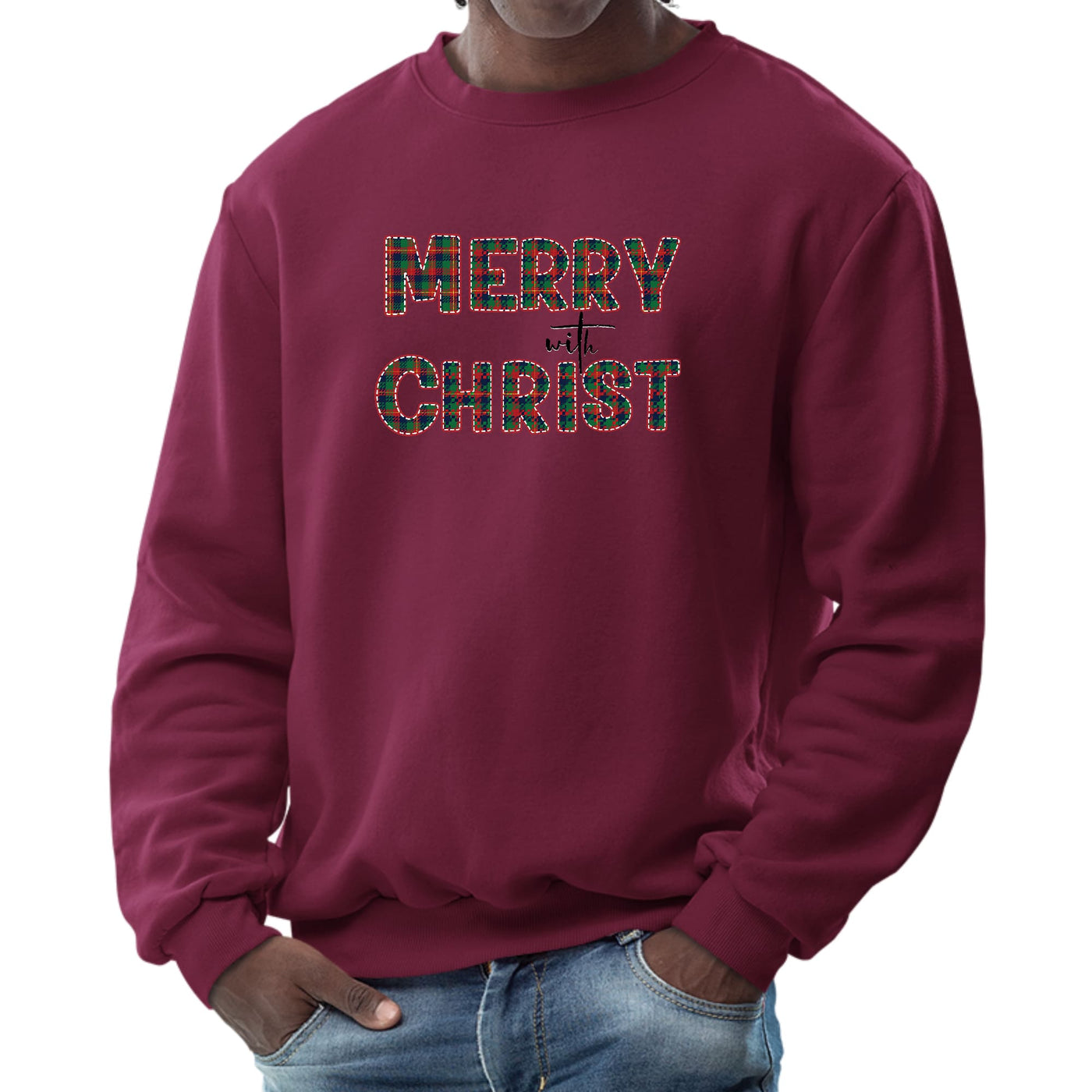 Mens Graphic Sweatshirt Merry With Christ Red And Green Plaid - Sweatshirts