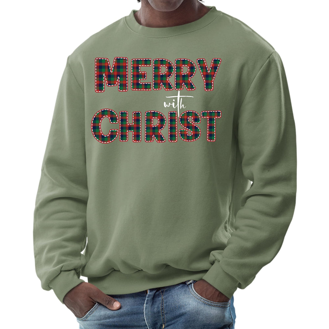 Mens Graphic Sweatshirt Merry with Christ Red and Green Plaid - Mens