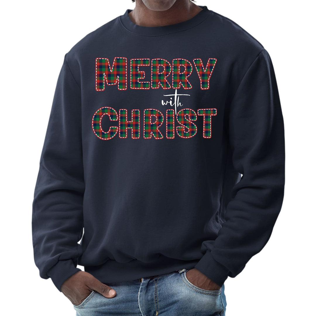 Mens Graphic Sweatshirt Merry with Christ Red and Green Plaid - Mens