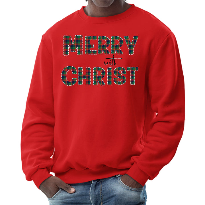 Mens Graphic Sweatshirt Merry with Christ Red and Green Plaid - Mens