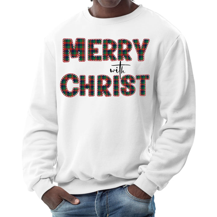 Mens Graphic Sweatshirt Merry with Christ Red and Green Plaid - Mens