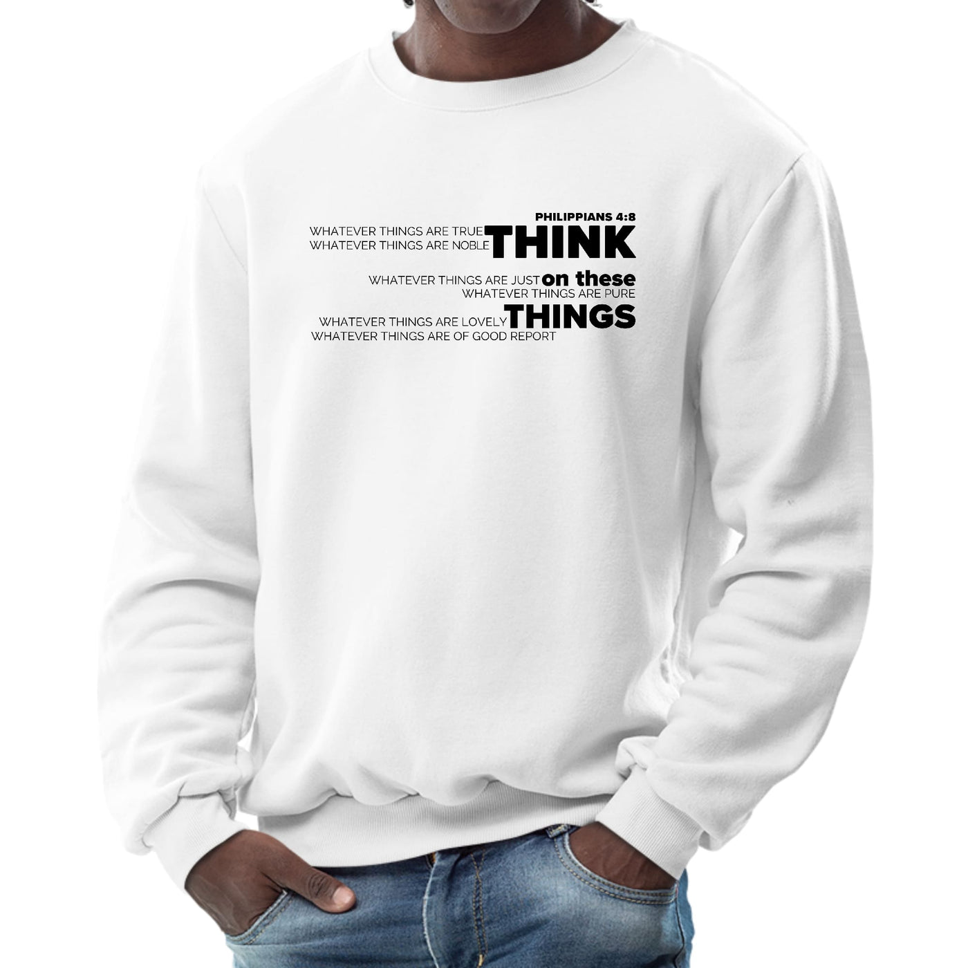 Mens Graphic Sweatshirt Think On These Things Black Illustration - Mens