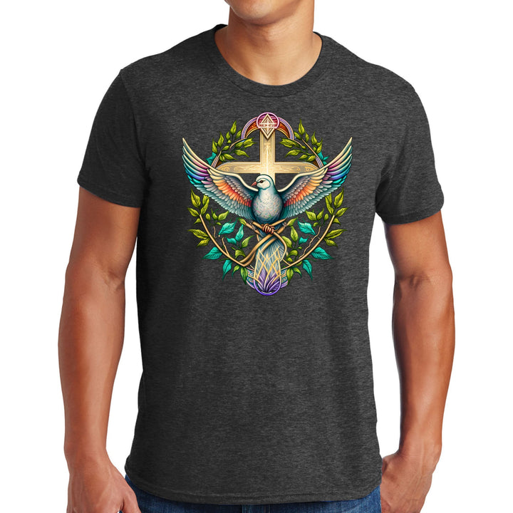 Mens Graphic T-shirt Blue Green Multicolor Dove Floral Illustration - Mens