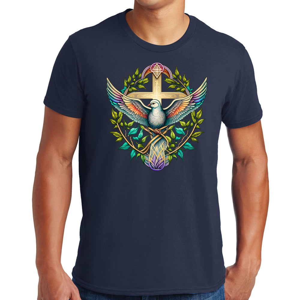 Mens Graphic T-shirt Blue Green Multicolor Dove Floral Illustration - Mens