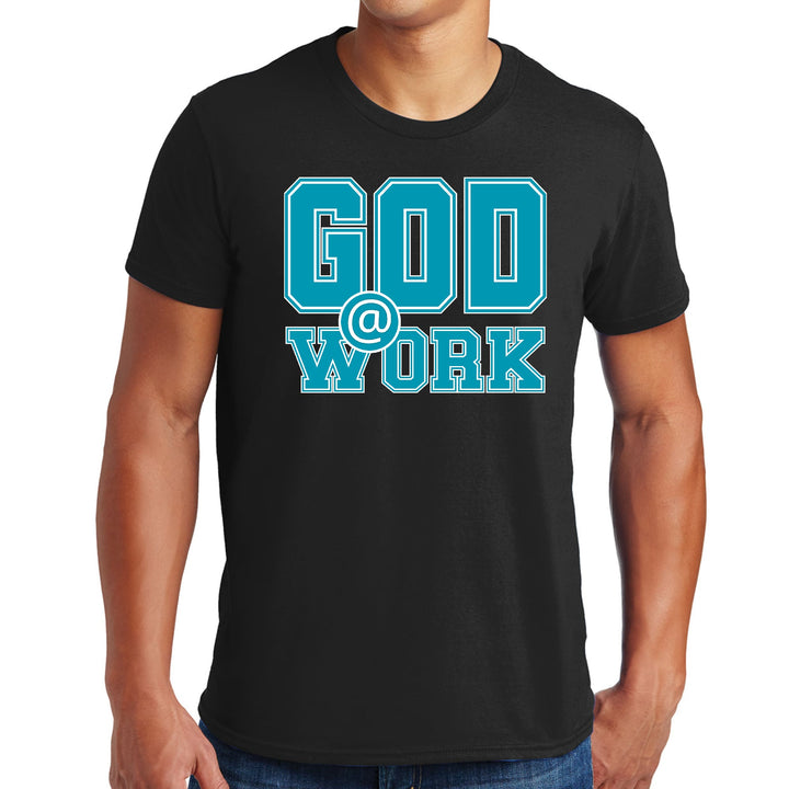 Mens Graphic T-shirt God @ Work Blue Green and White Print - Mens | T-Shirts