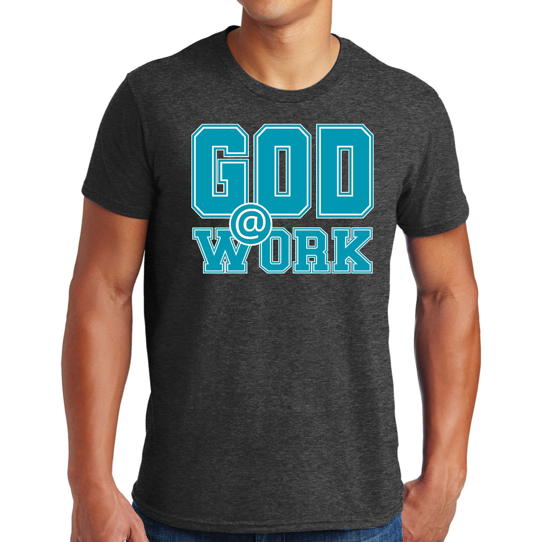 Mens Graphic T-shirt God @ Work Blue Green and White Print - Mens | T-Shirts