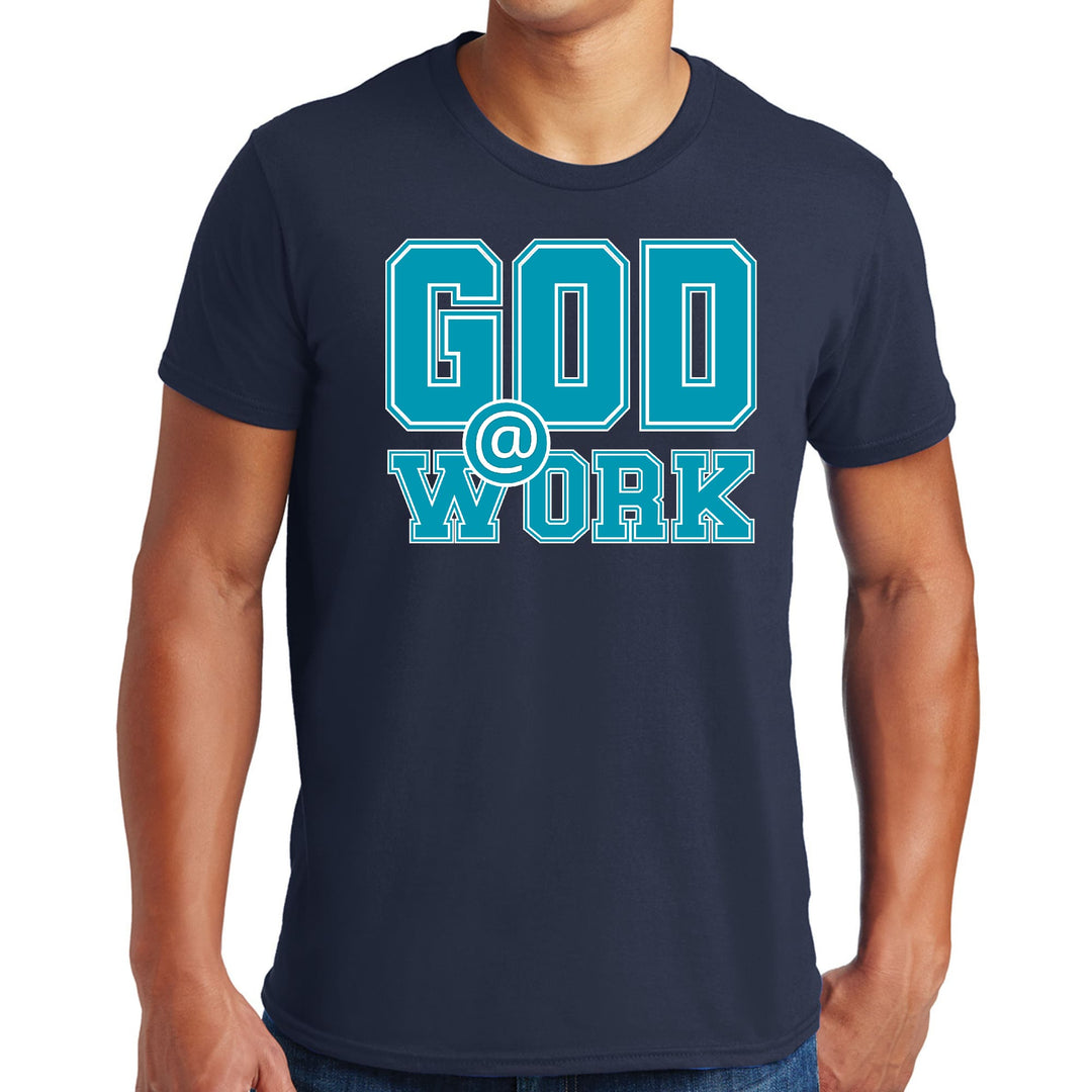 Mens Graphic T-shirt God @ Work Blue Green and White Print - Mens | T-Shirts