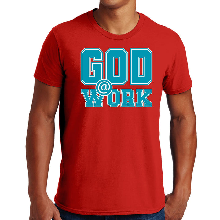 Mens Graphic T-shirt God @ Work Blue Green and White Print - Mens | T-Shirts