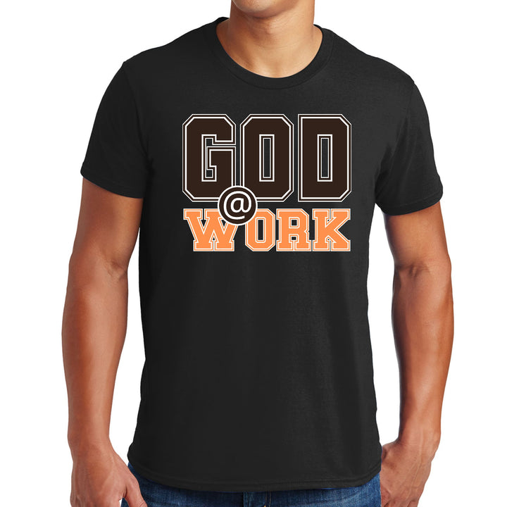 Mens Graphic T-shirt God @ Work Brown and Orange Print - Mens | T-Shirts