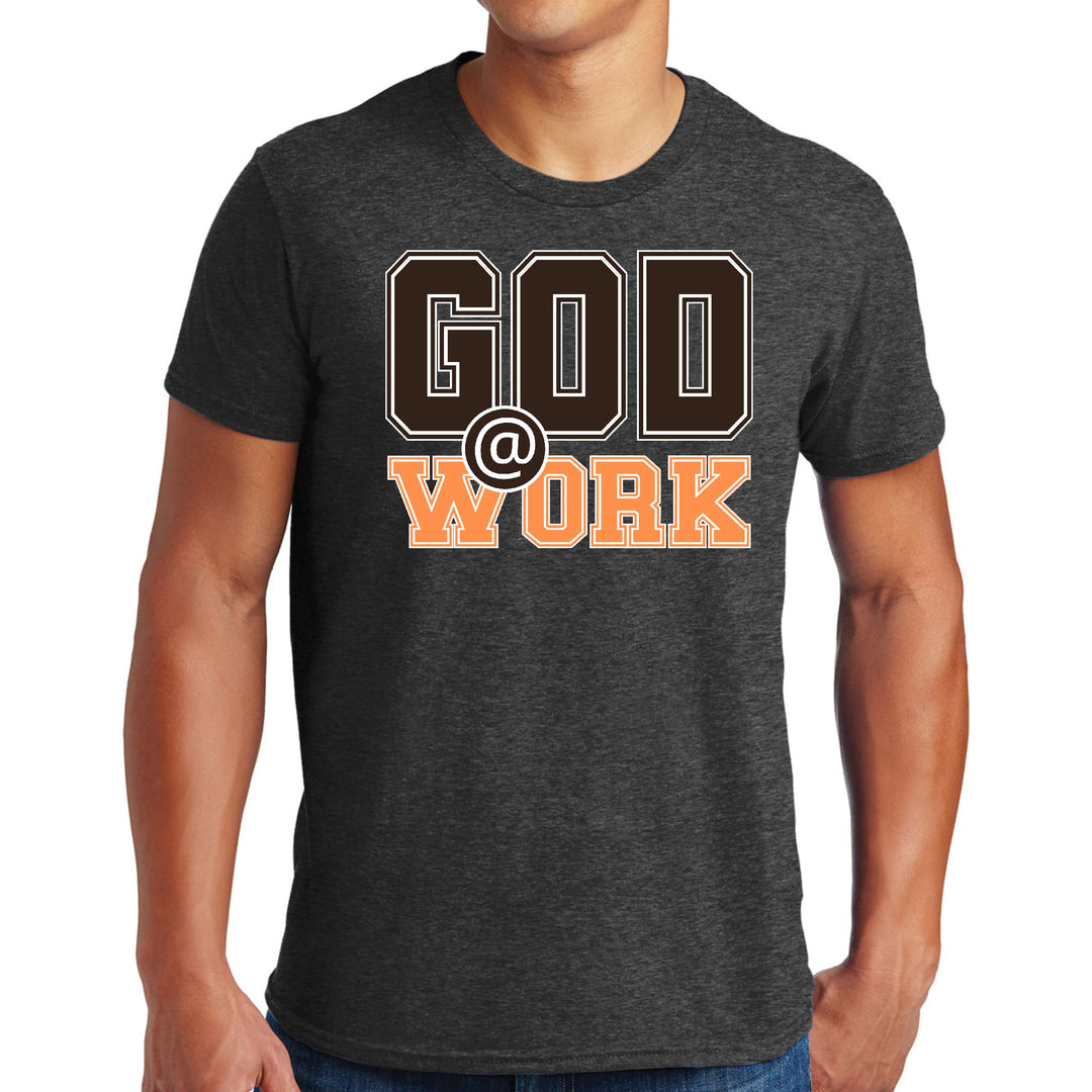 Mens Graphic T-shirt God @ Work Brown and Orange Print - Mens | T-Shirts