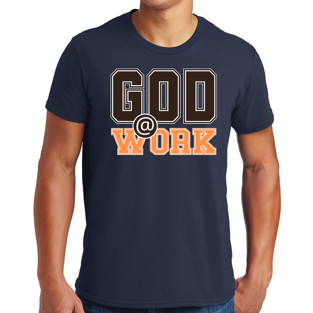 Mens Graphic T-shirt God @ Work Brown and Orange Print - Mens | T-Shirts