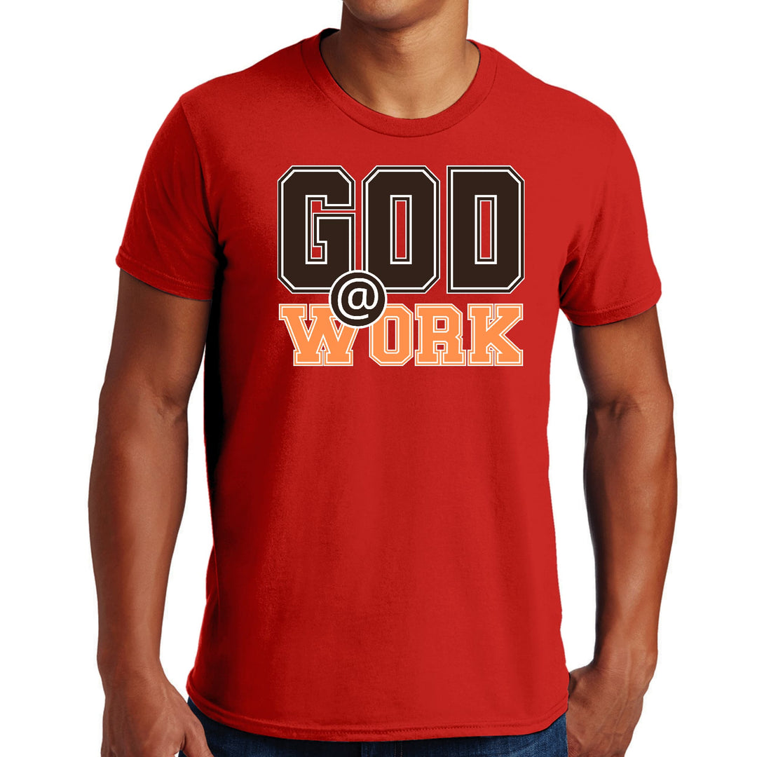 Mens Graphic T-shirt God @ Work Brown and Orange Print - Mens | T-Shirts