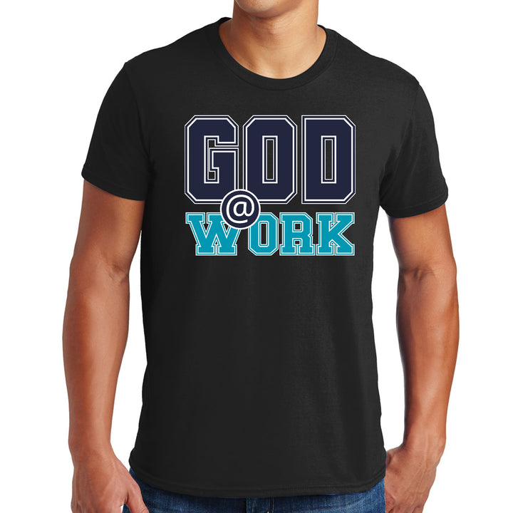 Mens Graphic T-shirt God @ Work Navy Blue and Blue Green Print - Mens | T-Shirts