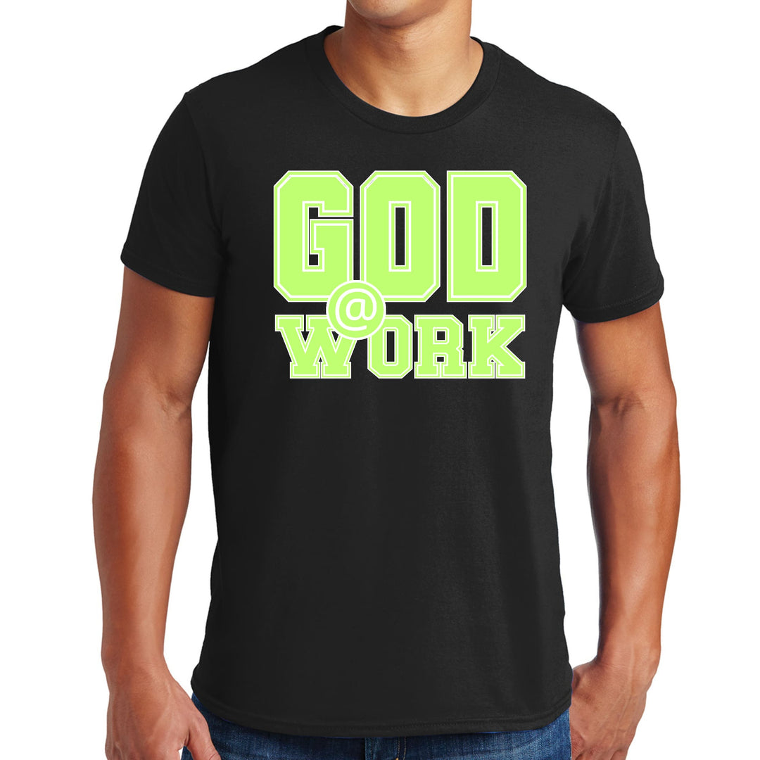 Mens Graphic T-shirt God @ Work Neon Green and White Print - Mens | T-Shirts