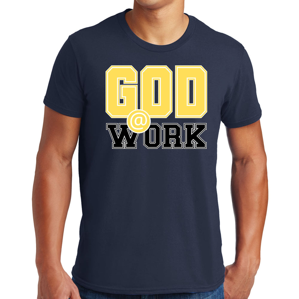 Mens Graphic T-shirt God @ Work Yellow and Black Print - Mens | T-Shirts