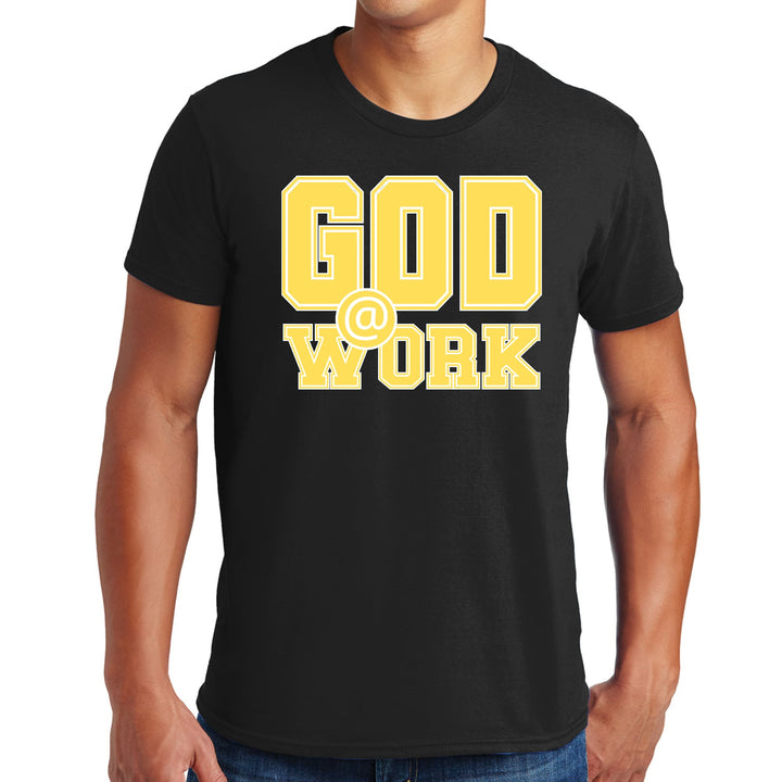 Mens Graphic T-shirt God @ Work Yellow and White Print - Mens | T-Shirts