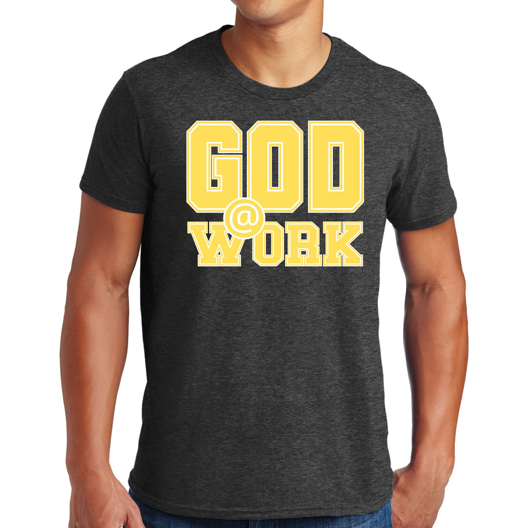 Mens Graphic T-shirt God @ Work Yellow and White Print - Mens | T-Shirts