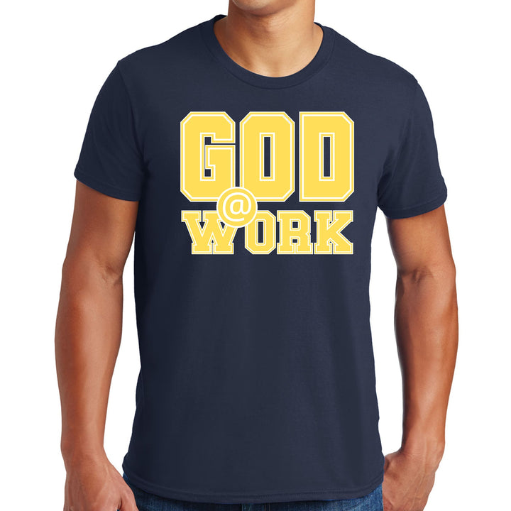 Mens Graphic T-shirt God @ Work Yellow and White Print - Mens | T-Shirts