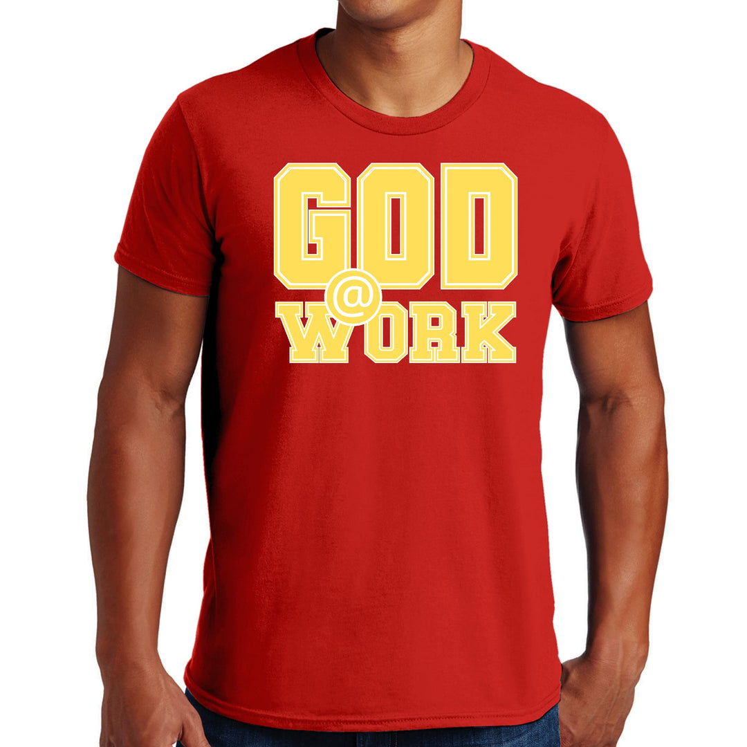 Mens Graphic T-shirt God @ Work Yellow and White Print - Mens | T-Shirts