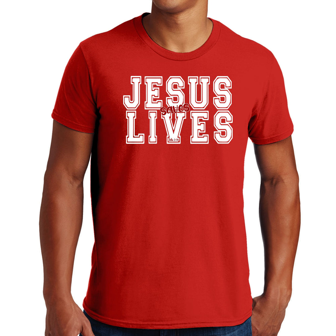 Mens Graphic T-shirt Jesus Saves Lives White Red Illustration - Mens | T-Shirts