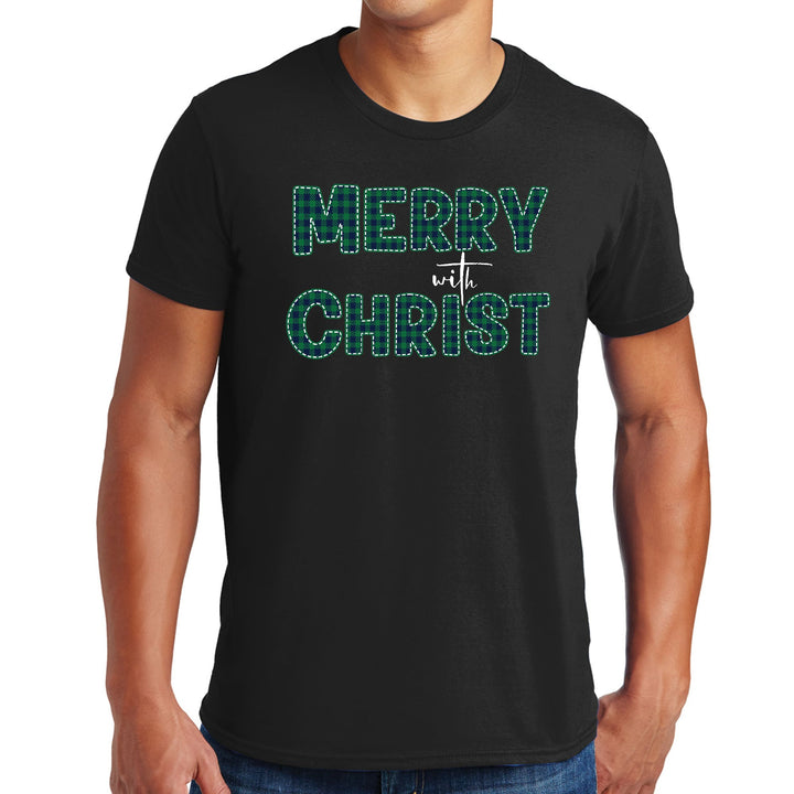 Mens Graphic T-shirt Merry with Christ Green Plaid Christmas Holiday - Mens