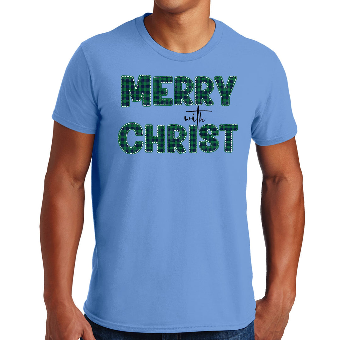 Mens Graphic T-shirt Merry with Christ Green Plaid Christmas Holiday - Mens