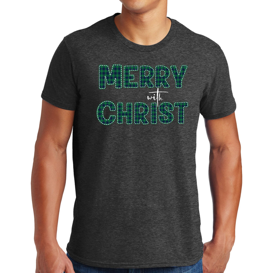 Mens Graphic T-shirt Merry with Christ Green Plaid Christmas Holiday - Mens