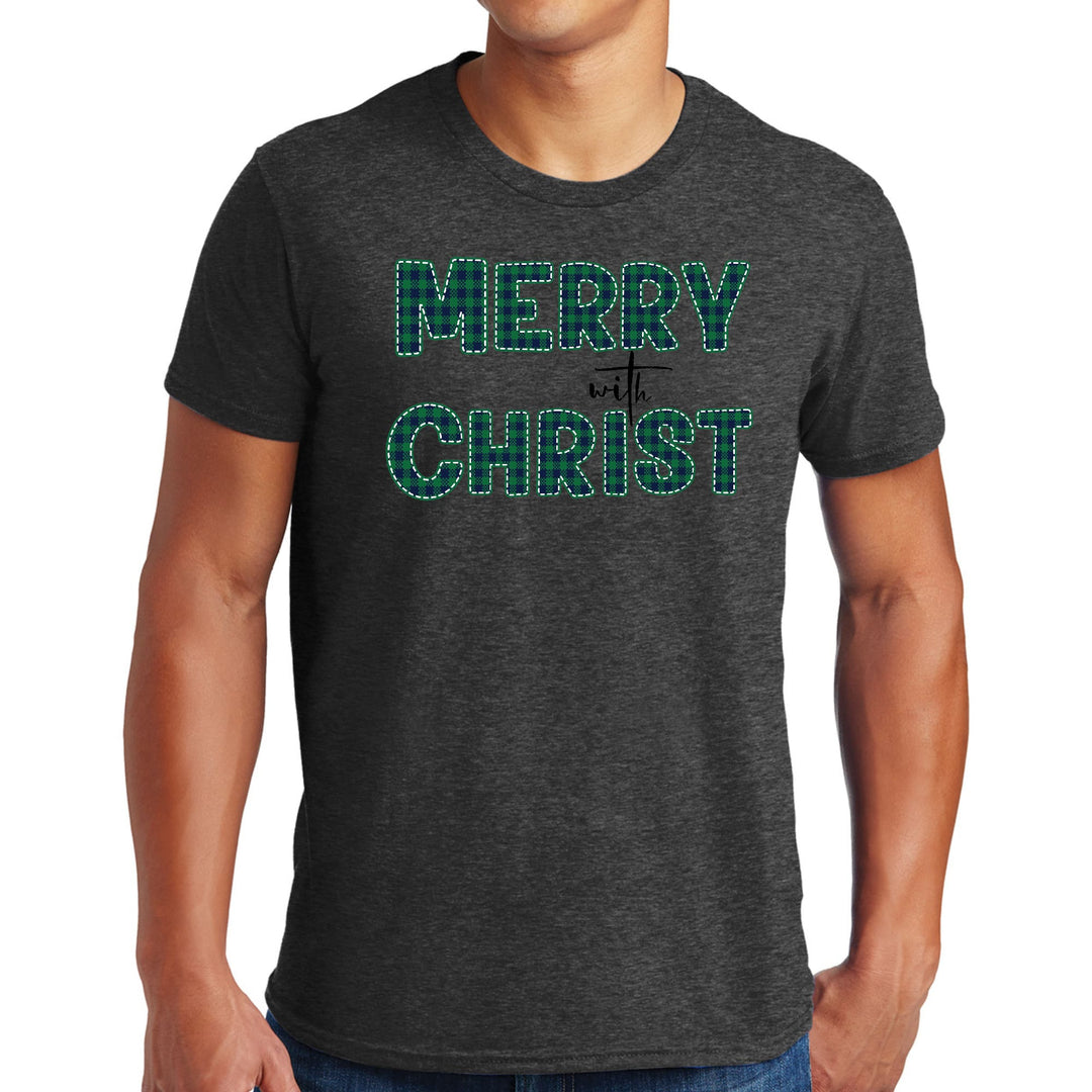 Mens Graphic T-shirt Merry with Christ Green Plaid Christmas Holiday - Mens