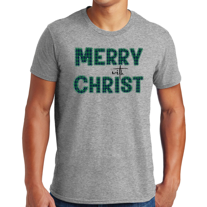 Mens Graphic T-shirt Merry with Christ Green Plaid Christmas Holiday - Mens