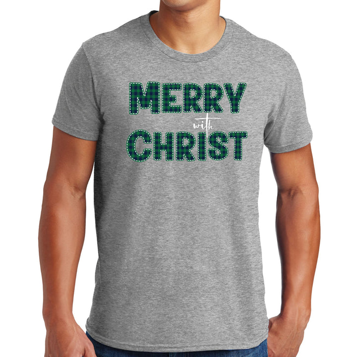 Mens Graphic T-shirt Merry with Christ Green Plaid Christmas Holiday - Mens