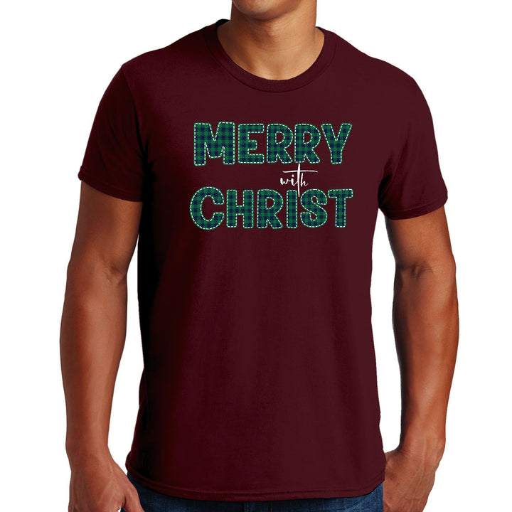 Mens Graphic T-shirt Merry with Christ Green Plaid Christmas Holiday - Mens