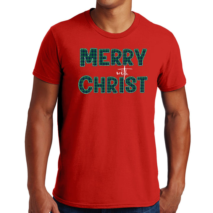 Mens Graphic T-shirt Merry with Christ Green Plaid Christmas Holiday - Mens