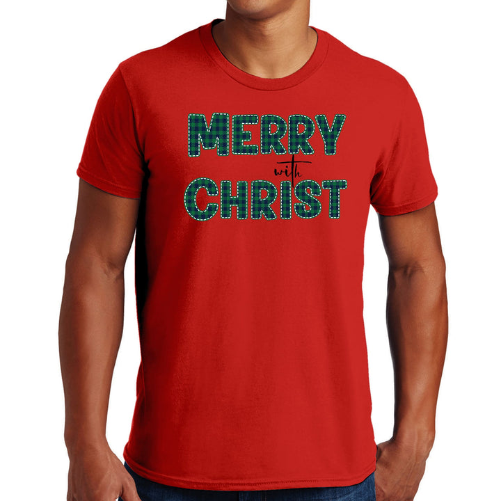 Mens Graphic T-shirt Merry with Christ Green Plaid Christmas Holiday - Mens