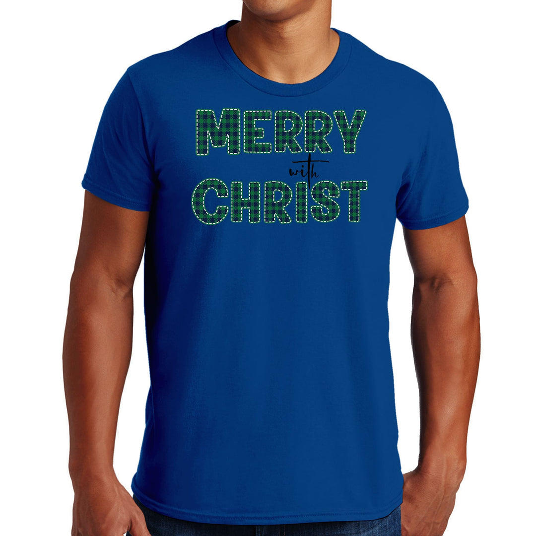 Mens Graphic T-shirt Merry with Christ Green Plaid Christmas Holiday - Mens