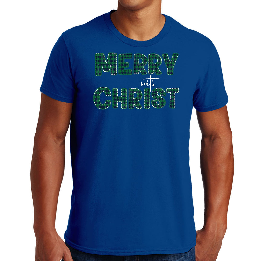 Mens Graphic T-shirt Merry with Christ Green Plaid Christmas Holiday - Mens