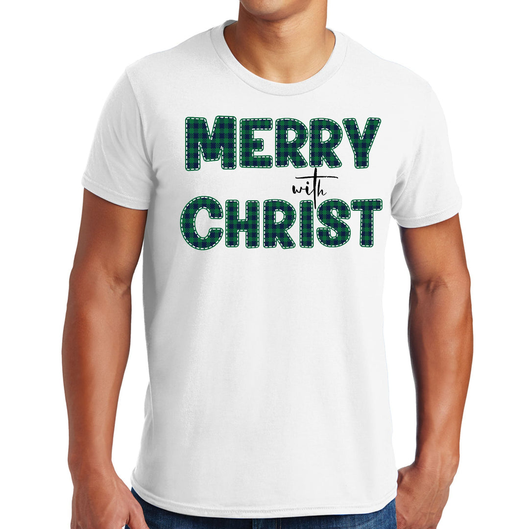 Mens Graphic T-shirt Merry with Christ Green Plaid Christmas Holiday - Mens