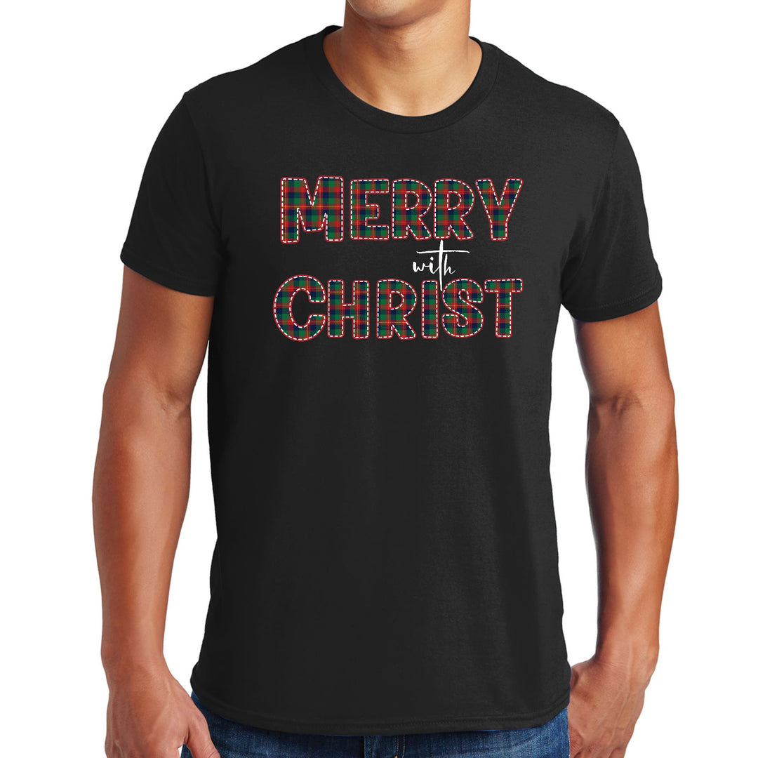 Mens Graphic T-shirt Merry with Christ Red and Green Plaid Christmas - Mens