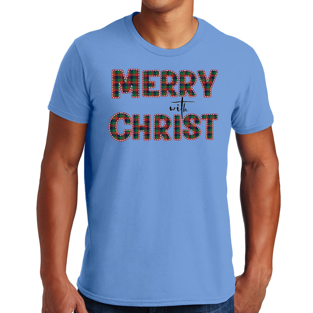 Mens Graphic T-shirt Merry with Christ Red and Green Plaid Christmas - Mens