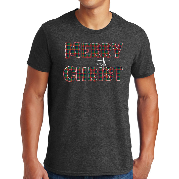 Mens Graphic T-shirt Merry with Christ Red and Green Plaid Christmas - Mens