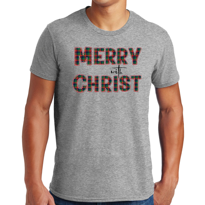 Mens Graphic T-shirt Merry with Christ Red and Green Plaid Christmas - Mens