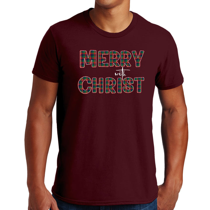 Mens Graphic T-shirt Merry with Christ Red and Green Plaid Christmas - Mens