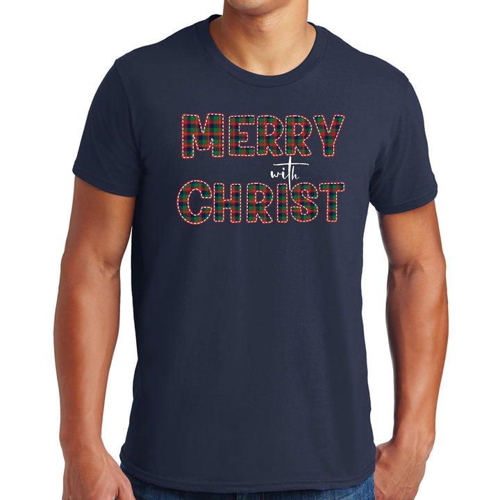 Mens Graphic T-shirt Merry with Christ Red and Green Plaid Christmas - Mens