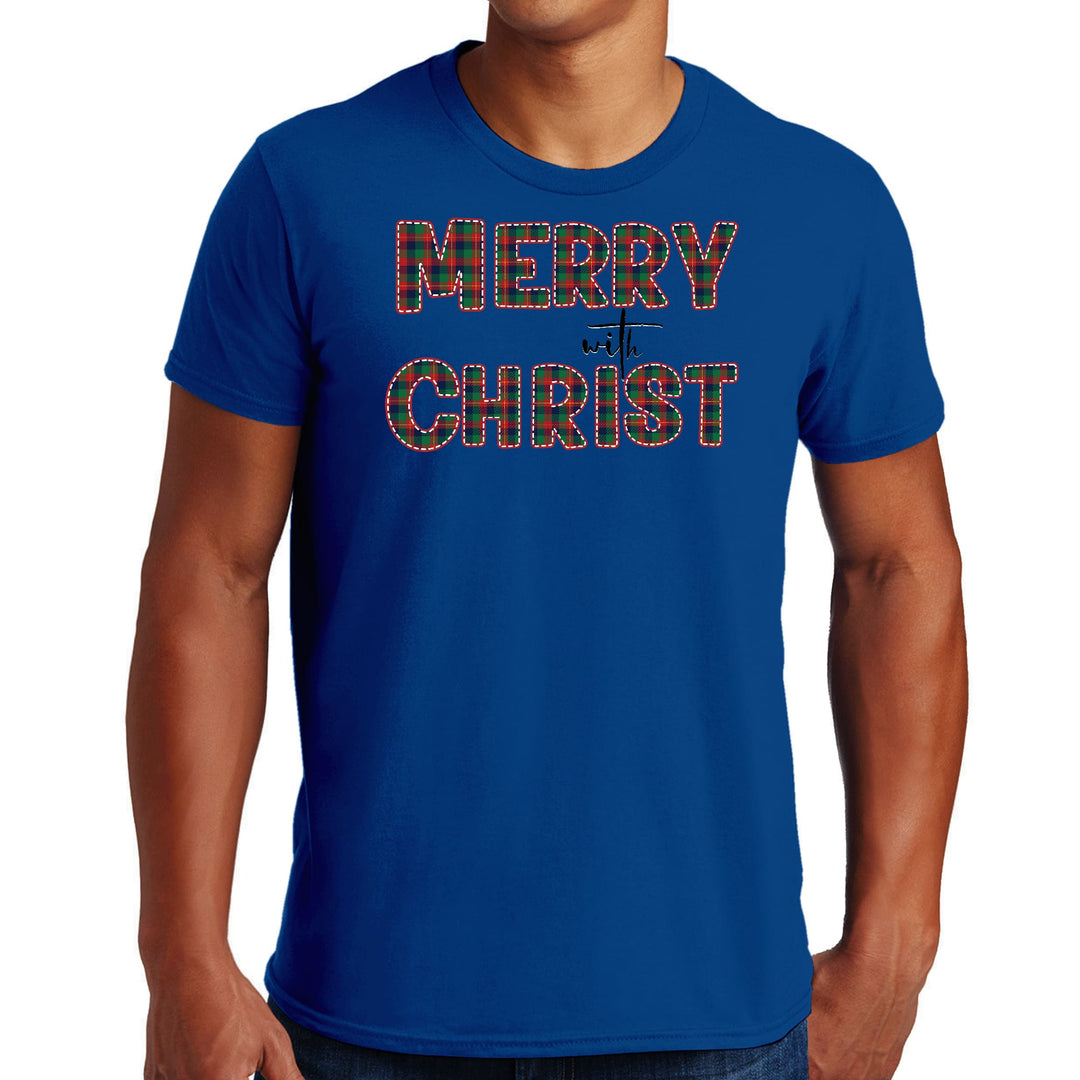 Mens Graphic T-shirt Merry with Christ Red and Green Plaid Christmas - Mens