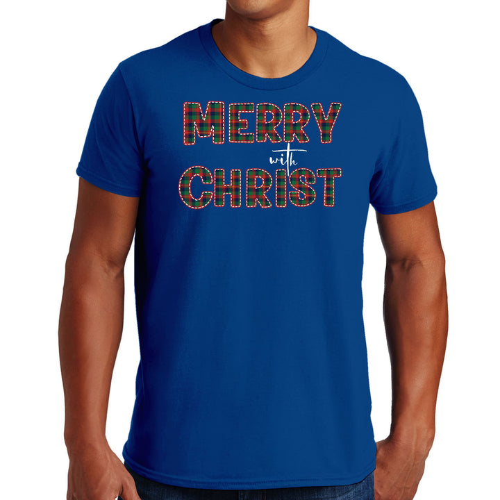 Mens Graphic T-shirt Merry with Christ Red and Green Plaid Christmas - Mens