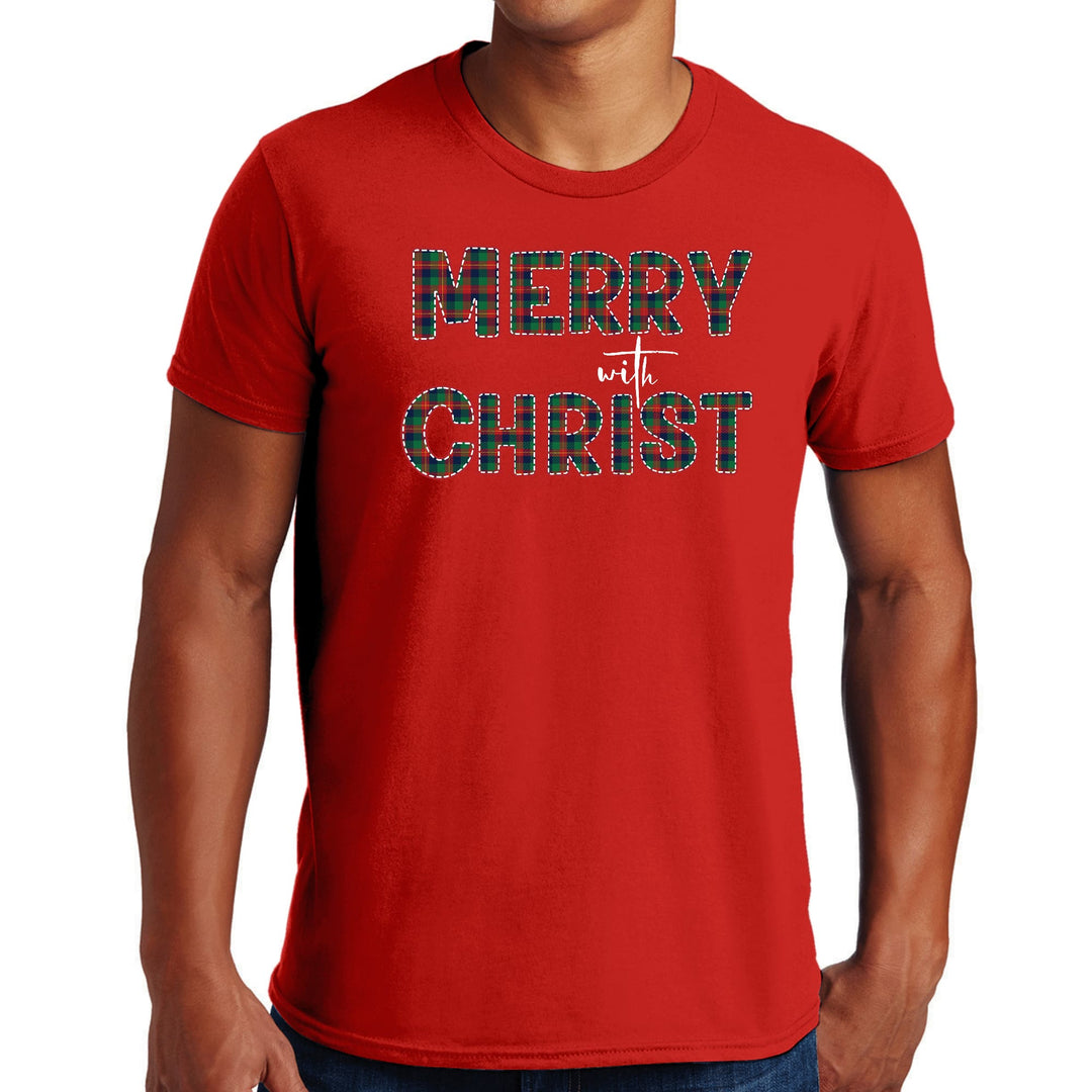 Mens Graphic T-shirt Merry with Christ Red and Green Plaid Christmas - Mens