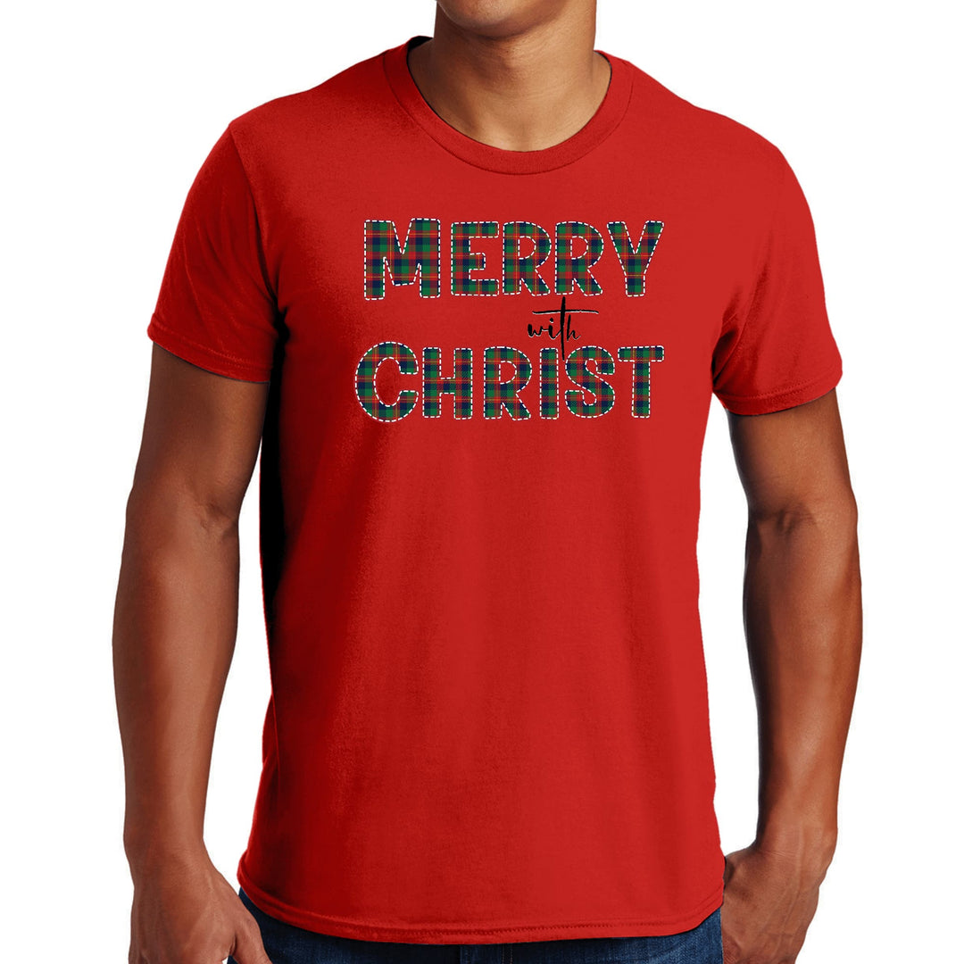 Mens Graphic T-shirt Merry with Christ Red and Green Plaid Christmas - Mens