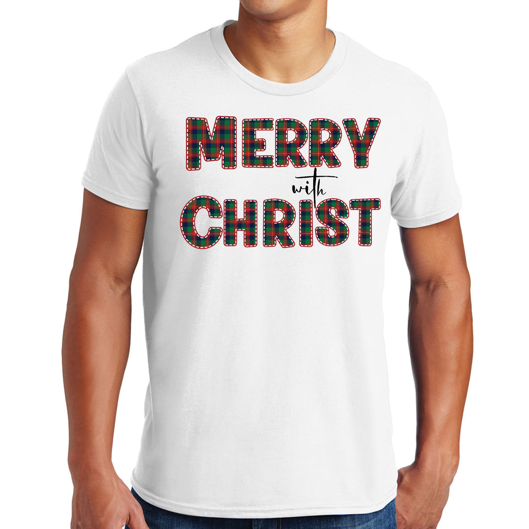 Mens Graphic T-shirt Merry with Christ Red and Green Plaid Christmas - Mens