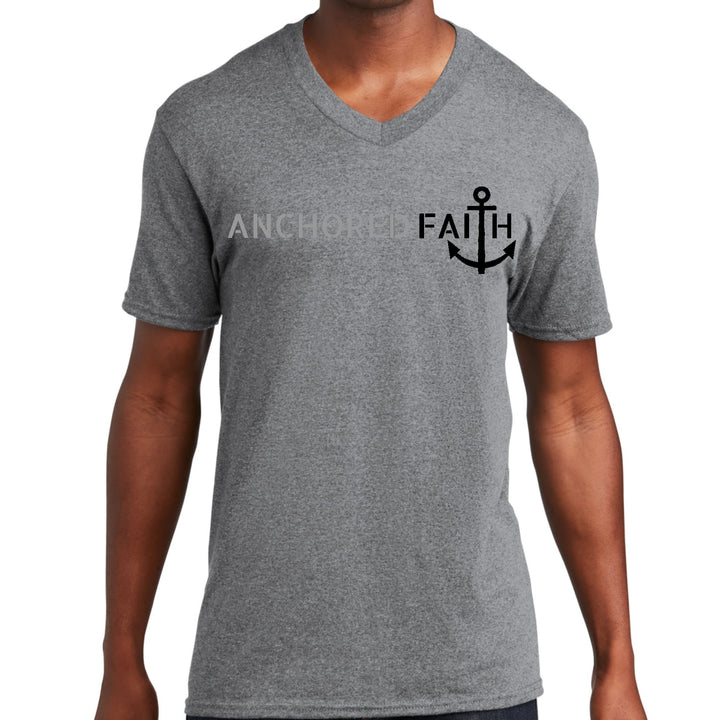 Mens Graphic V-neck T-shirt Anchored Faith Grey and Black Print - Unisex